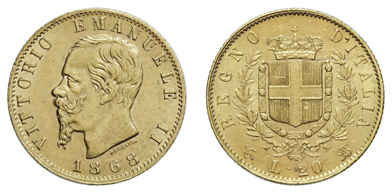 VITTORIO EMANUELE II (1861-1878) 

20 Lire 1868, Torino oro gr. 6,45. Pagani 4...