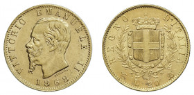 VITTORIO EMANUELE II (1861-1878) 

20 Lire 1868, Torino oro gr. 6,45. Pagani 462, MIR 1078i Friedberg 11.
Spl