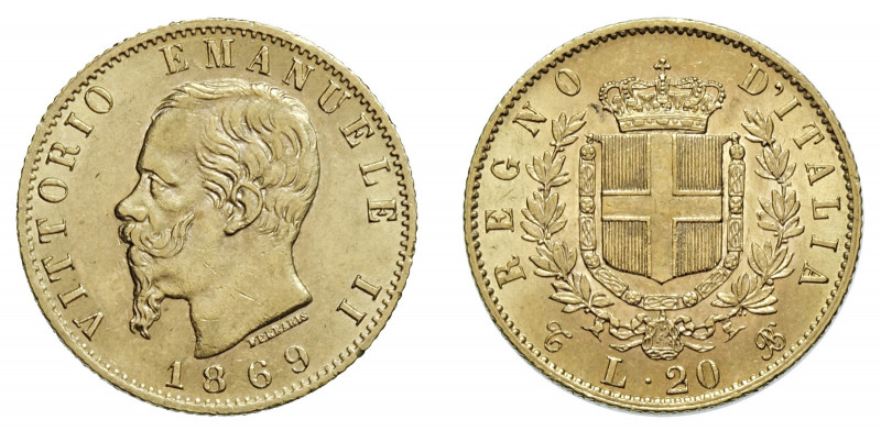 VITTORIO EMANUELE II (1861-1878) 

20 Lire 1869, Torino oro gr. 6,45. Pagani 4...