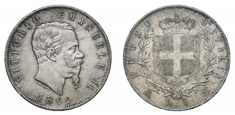 VITTORIO EMANUELE II (1861-1878) 

5 Lire 1869, Milano argento gr. 25,013. Pag...