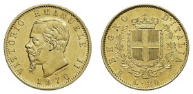 VITTORIO EMANUELE II (1861-1878) 

20 Lire 1870, oro gr. 6,44. Pagani 464, MIR 1078k, Friedberg 12.
NGC5782295-002 AU58. Rarissima. migliore di Spl...