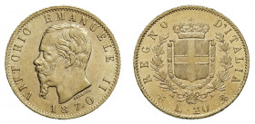 VITTORIO EMANUELE II (1861-1878) 

20 Lire 1870, Torino oro gr. 6,45. Pagani 465, MIR 1078l.
NGC5782295-004 MS62. q.Fdc