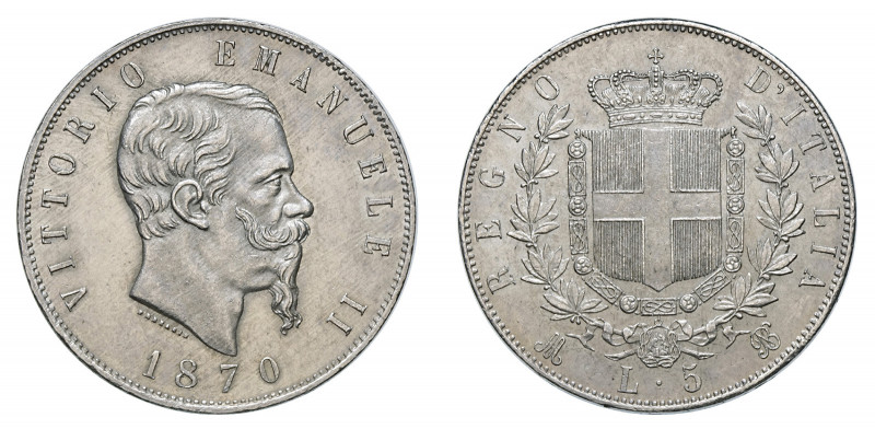 VITTORIO EMANUELE II (1861-1878) 

5 Lire 1870, Milano argento gr. 24,963. Pag...