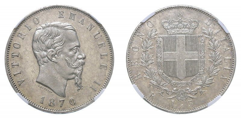 VITTORIO EMANUELE II (1861-1878) 

5 Lire 1870, argento gr. 24,97. Pagani 491,...