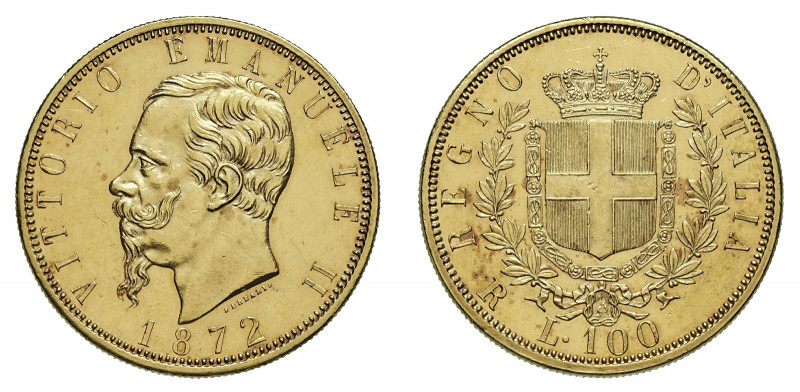 VITTORIO EMANUELE II (1861-1878) 

100 Lire 1872, oro gr. 32,21. Pagani 452, M...
