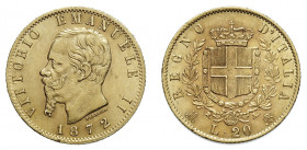VITTORIO EMANUELE II (1861-1878) 

20 Lire 1872, Milano oro gr. 6,35. Pagani 467, MIR 1078n, Friedberg 13.
NGC5782295-005 AU58. Rara. Spl