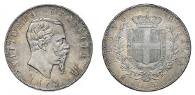 VITTORIO EMANUELE II (1861-1878)

5 Lire 1873, argento gr. 24,973. Pagani 497, MIR 1082s, Davenport 140.
NGC5782290-005 AU58, Rarissima. migliore d...