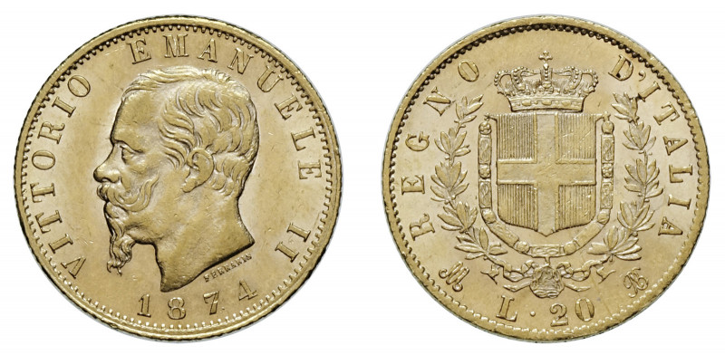 VITTORIO EMANUELE II (1861-1878) 

20 Lire 1874, Milano oro gr. 6,45. Pagani 4...