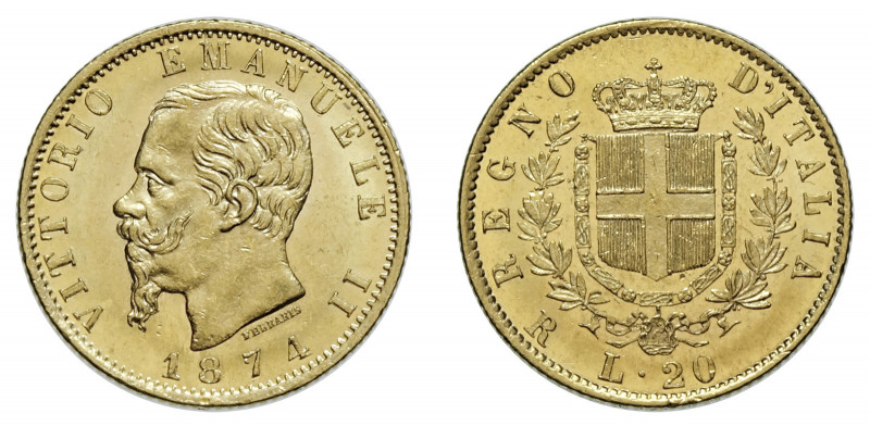VITTORIO EMANUELE II (1861-1878) 

20 Lire 1874, oro gr. 6,434. Pagani 471, MI...