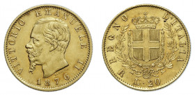 VITTORIO EMANUELE II (1861-1878) 

20 Lire 1876, oro gr. 6,421. Pagani 473, MIR 1078t Friedberg 12.
NGC5782295-020 AU58. Spl