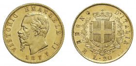 VITTORIO EMANUELE II (1861-1878) 

20 Lire 1877, oro gr. 6,44. Pagani 474, MIR 1078u.
Spl

Ex asta Finarte 507, Milano 1987, n. 64.