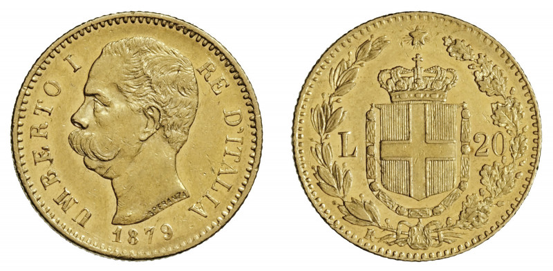 UMBERTO I (1878-1900) 

20 Lire 1879, oro gr. 6,44. D/ UMBERTO I – RE D’ITALIA...