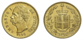 UMBERTO I (1878-1900) 

20 Lire 1880, oro gr. 6,45. Pagani 576, MIR 1098b.
NGC5782296-006 MS63. Fdc