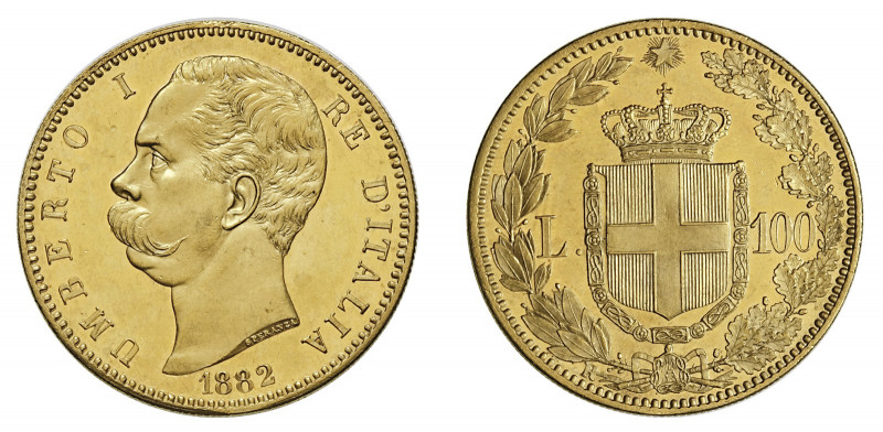 UMBERTO I (1878-1900) 

100 Lire 1882, oro gr. 32,23. Pagani 568, MIR 1096b Fr...