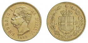 UMBERTO I (1878-1900) 

20 Lire 1882, oro rosso gr. 6,44. Pagani 578, MIR 1098e.
NGC Cleaned. q.Fdc