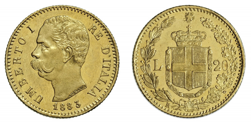 UMBERTO I (1878-1900) 

20 Lire 1883, oro gr. 6,44. Pagani 579, MIR 1098g.
NG...