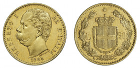 UMBERTO I (1878-1900) 

50 Lire 1884, oro gr. 16,12. D/ UMBERTO I – RE D’ITALIA Testa a sinistra, nel taglio del collo, SPERANZA (Filippo Speranza, ...