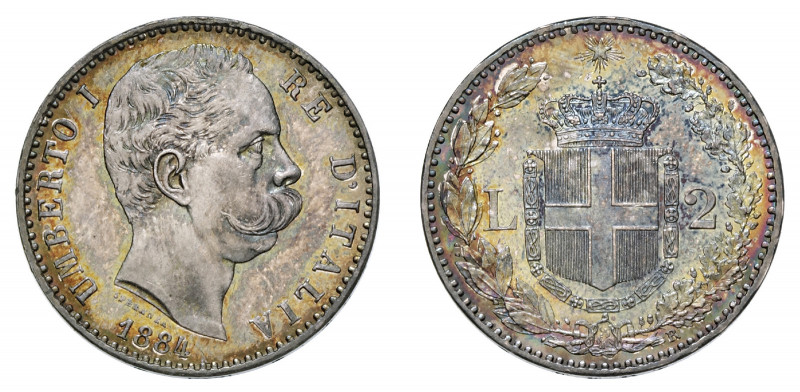 UMBERTO I (1878-1900) 

2 Lire 1884, argento gr. 9,93. Pagani 594, MIR 1101d....