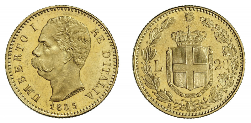UMBERTO I (1878-1900) 

20 Lire 1885, oro gr. 6,45. Pagani 581, MIR 1098j.
NG...