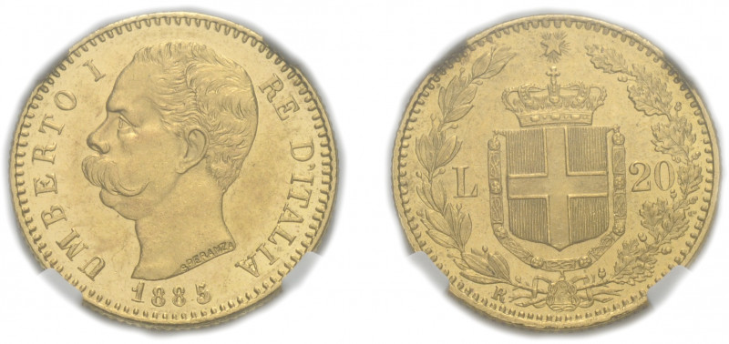 UMBERTO I (1878-1900) 

20 Lire 1885, oro gr. 6,44. Pagani 581, MIR 1098j.
NG...
