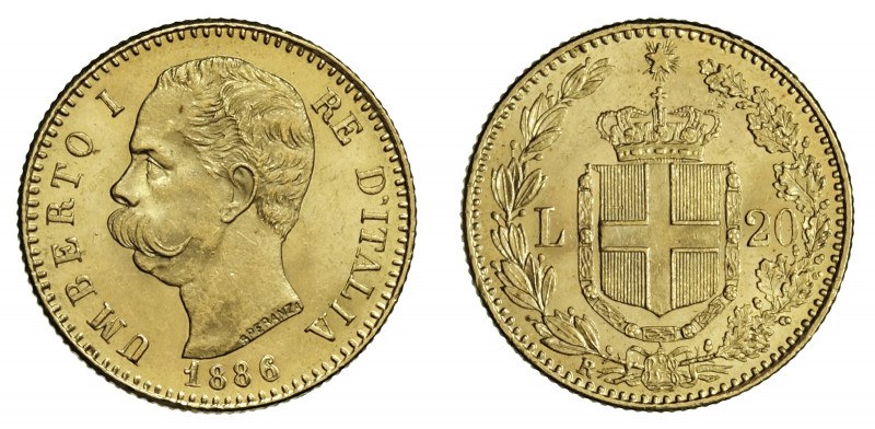 UMBERTO I (1878-1900) 

20 Lire 1886, oro gr. 6,45. Pagani 582, MIR 1098l.
NG...