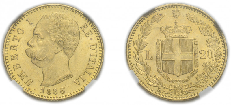 UMBERTO I (1878-1900) 

20 Lire 1886, oro gr. 6,44. Pagani 582, MIR 1098l.
NG...