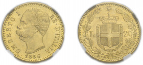 UMBERTO I (1878-1900) 

20 Lire 1886, oro gr. 6,44. Pagani 582, MIR 1098l.
NGC5782296-019 MS63. q.Fdc