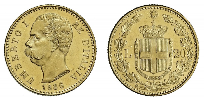 UMBERTO I (1878-1900)

20 Lire 1886, oro rosso gr. 6,45. Pagani cfr. 582, MIR ...
