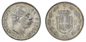 UMBERTO I (1878-1900) 

2 Lire 1887, argento gr. 9,99. Pagani 597, MIR 1102a.
NGC5782333-002 MS65+. Fdc

Ex asta Montenapoleone 5, Milano 1984, n...