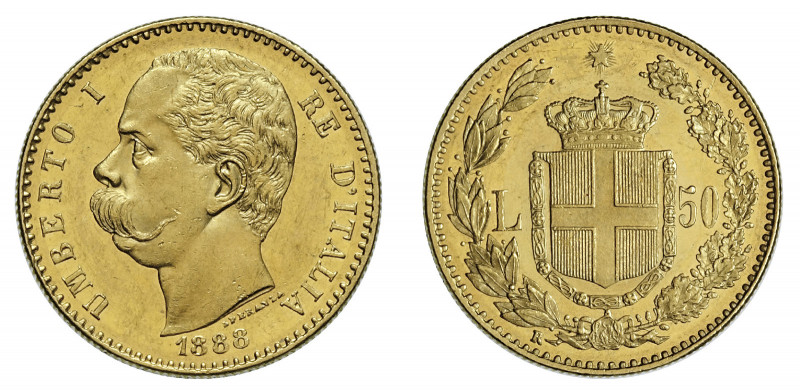 UMBERTO I (1878-1900) 

50 Lire 1888, oro gr. 16,13. Pagani 573, MIR 1097b Fri...