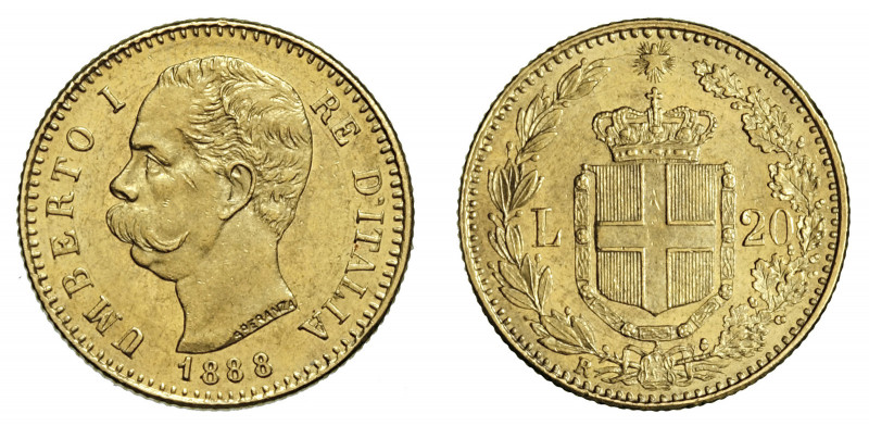 UMBERTO I (1878-1900) 

20 Lire 1888, oro gr. 6,44. Pagani 583, MIR 1098m.
NG...