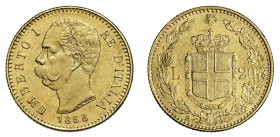 UMBERTO I (1878-1900) 

20 Lire 1888, oro gr. 6,44. Pagani 583, MIR 1098m.
NGC5782296-012 MS62. Spl