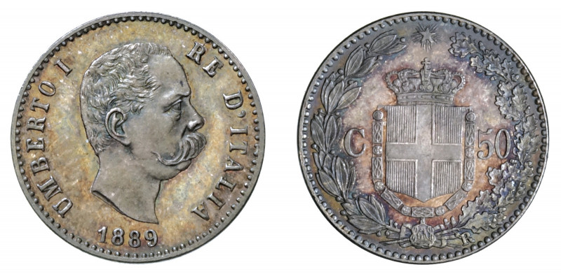 UMBERTO I (1878-1900) 

50 Centesimi 1889, argento gr. 2,48. D/ UMBERTO I – RE...