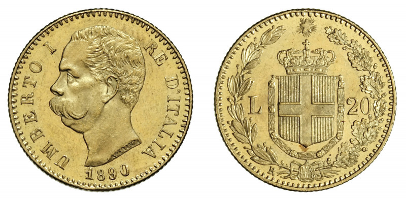 UMBERTO I (1878-1900) 

20 Lire 1890, oro gr. 6,44. Pagani 585, MIR 1098a.
NG...