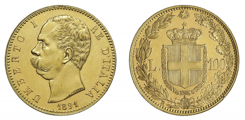 UMBERTO I (1878-1900) 

100 Lire 1891, oro gr. 32,26. Pagani 571, MIR 1096e, F...
