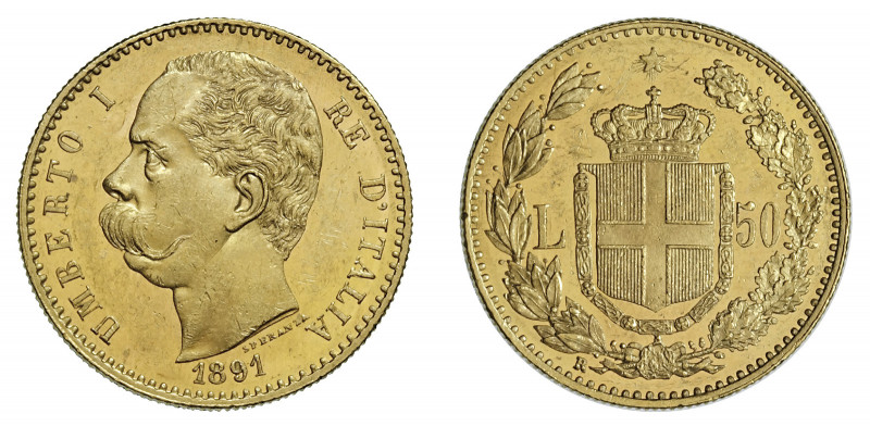 UMBERTO I (1878-1900) 

50 Lire 1891, oro gr. 16,12. Pagani 574, MIR 1097c, Fr...