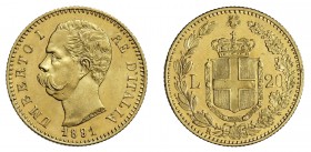UMBERTO I (1878-1900)

20 Lire 1891, oro gr. 6,44. Pagani 586, MIR 1098p.
NGC5782296-014 MS64+. Fdc