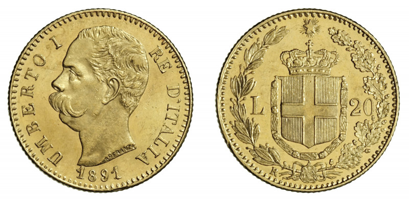 UMBERTO I (1878-1900) 

20 Lire 1891, oro gr. 6,44. Pagani 586 var, MIR 1098q....