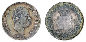 UMBERTO I (1878-1900) 

50 Centesimi 1892, argento gr. 2,48. Pagani 609, MIR 1104b.
NGC5782311-015 MS63. Rara. q.Fdc