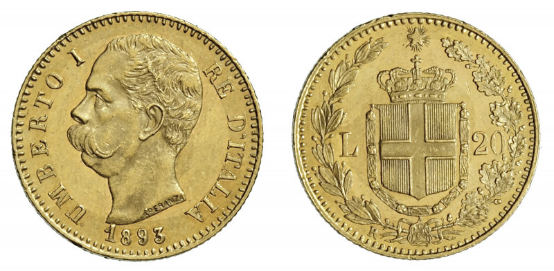 UMBERTO I (1878-1900) 

20 Lire 1893, oro gr. 6,43. Pagani 587, MIR 1098r, Fri...