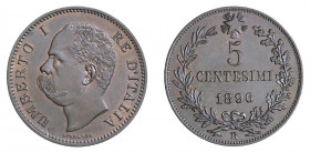 UMBERTO I (1878-1900) 

5 Centesimi 1896, rame gr. 5,19. Pagani 618, MIR 1107b.
MS65BN. Rara. Fdc
