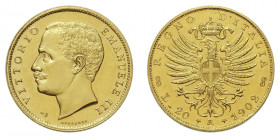 VITTORIO EMANUELE III (1900-1946) 

20 Lire 1902, oro gr. 6,47. D/ (ancoretta) VITTORIO - EMANUELE III Testa nuda a sinistra; sotto nel giro SPERANZ...