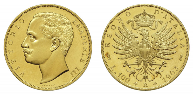VITTORIO EMANUELE III (1900-1946) 

100 Lire 1903, oro gr. 32,23. D/ VITTORIO ...
