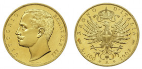 VITTORIO EMANUELE III (1900-1946) 

100 Lire 1903, oro gr. 32,23. D/ VITTORIO - EMANUELE III testa nuda a sinistra; sotto SPERANZA. Rv: REGNO - D’IT...