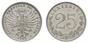 VITTORIO EMANUELE III (1900-1946) 

25 Centesimi 1903, Nickel gr. 3,98. Pagani 828, MIR 1152b.
q.Fdc