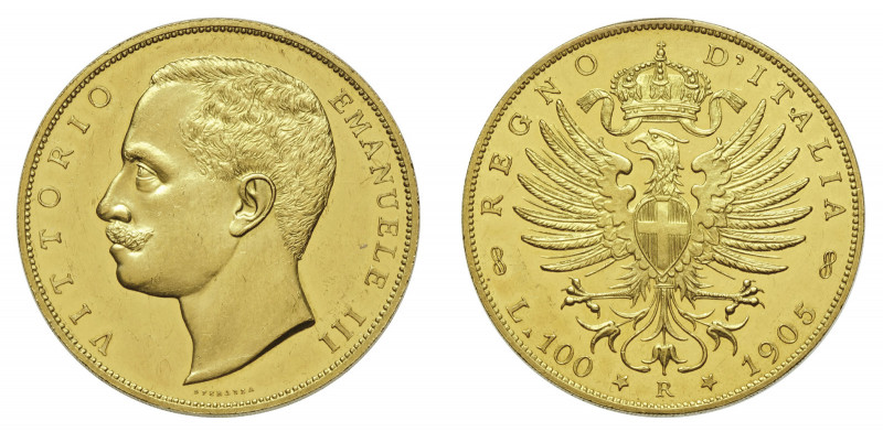VITTORIO EMANUELE III (1900-1946) 

100 Lire 1905, oro gr. 32,24. Pagani 639, ...