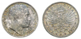 VITTORIO EMANUELE III (1900-1946) 

2 Lire 1907, argento gr. 10,01. Pagani 731, MIR 1139g.
NGC5782324-006 MS64+. Fdc