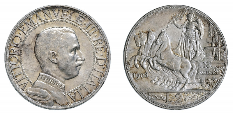 VITTORIO EMANUELE III (1900-1946) 

2 Lire 1908, argento gr. 10,02. D/ VITTORI...