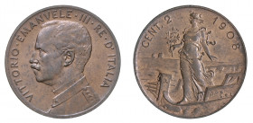 VITTORIO EMANUELE III (1900-1946) 

2 Centesimi 1908, rame gr. 2,00. D/ VITTORIO•EMANVELE•III•RE•D’ITALIA Busto a sinistra in uniforme. Rv: CENT•2 -...