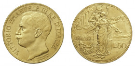 VITTORIO EMANUELE III (1900-1946) 

50 Lire 1911, oro gr. 16,18. D/ VITTORIO EMANVELE III RE D’ ITALIA Testa nuda a sinistra, sotto in due righe D•T...